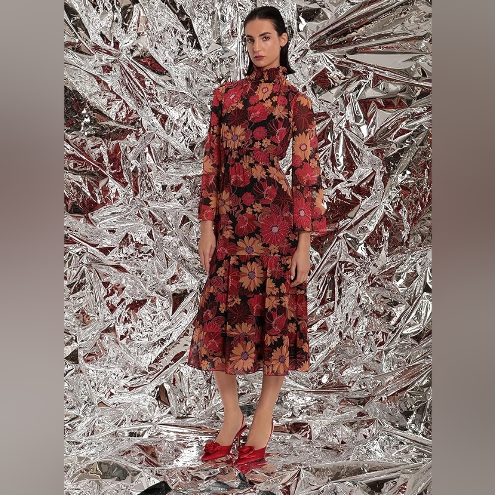 Donna Morgan Floral Mock Neck Tiered Ruffle A-Line Midi Dress